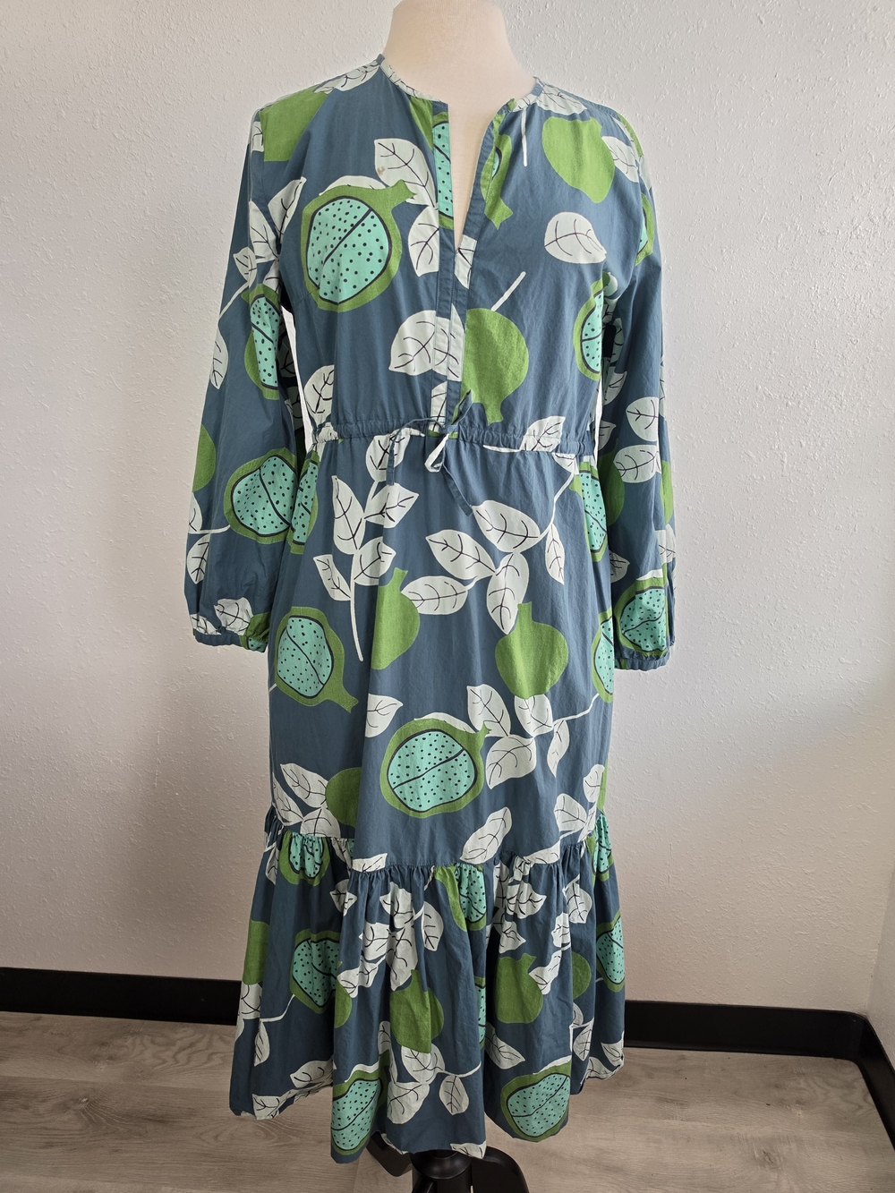 Olivia James The Label Blue Green Fruit Print Cotton Midi Dress Size Large